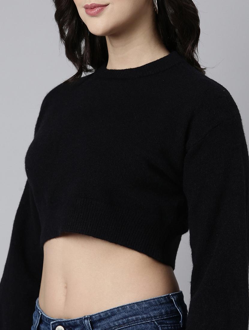 women black solids long sleeves crop top - 21023836 - Standard Image - 6