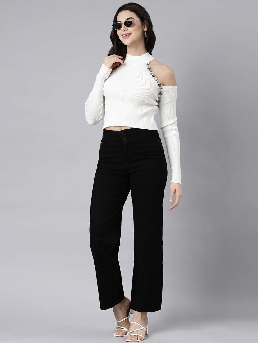 women white cold shoulder sleeves crop top - 21023847 -  Standard Image - 4