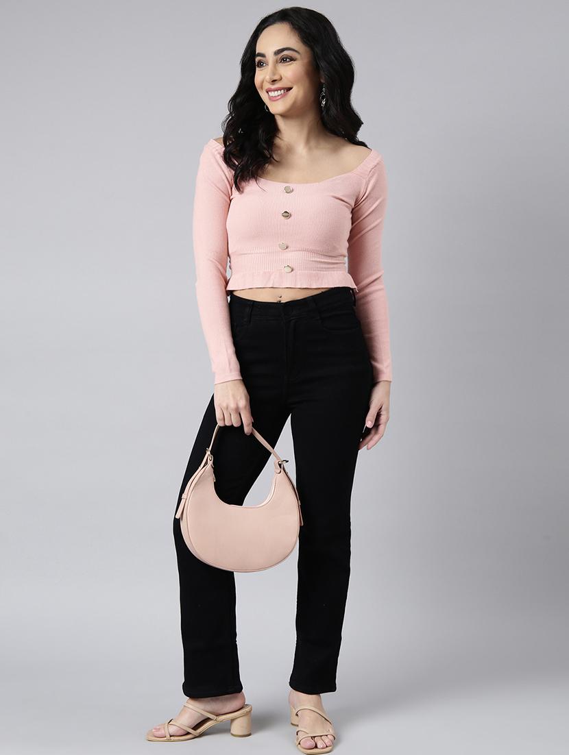 women pink solids long sleeves crop top - 21023861 - Standard Image - 4