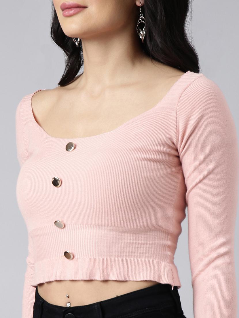 women pink solids long sleeves crop top - 21023861 - Standard Image - 6