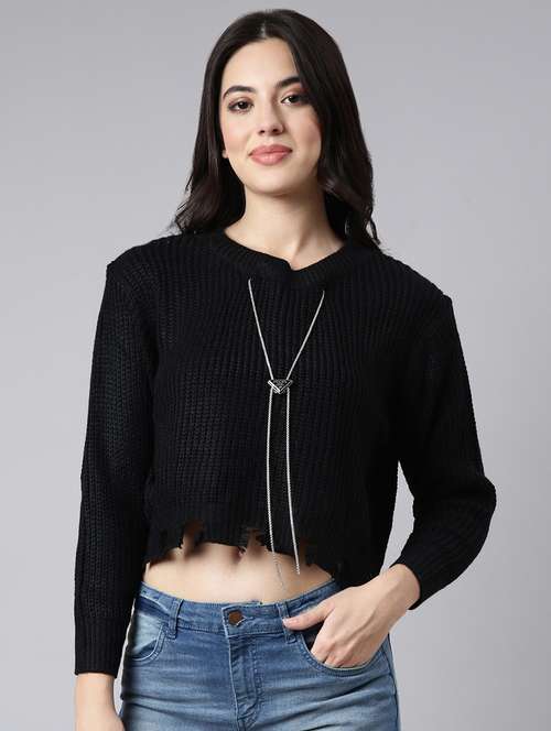 women black solids long sleeves crop top - 21023864 -  Standard Image - 0