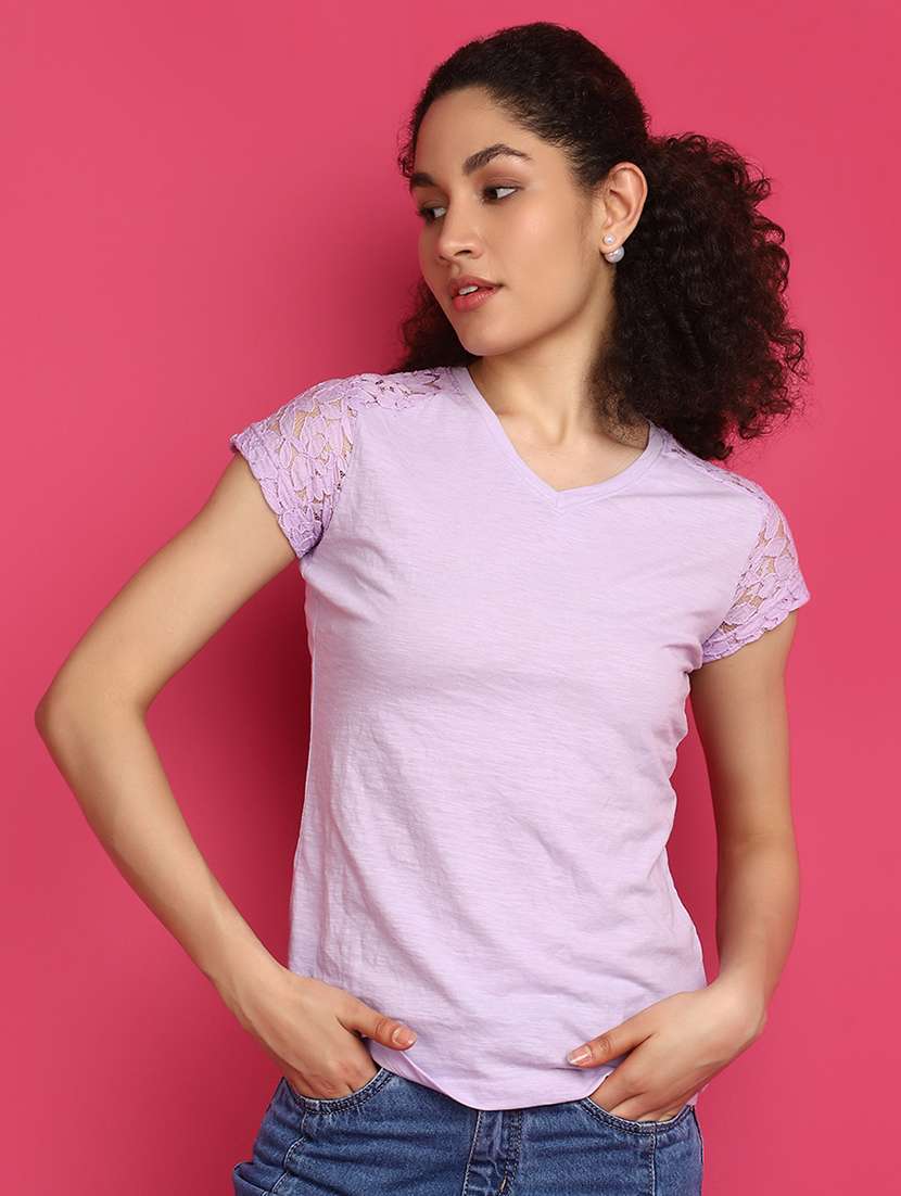 women lavender self design detailed casual t-shirt