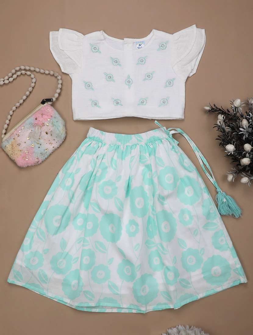 girls printed skirt top set