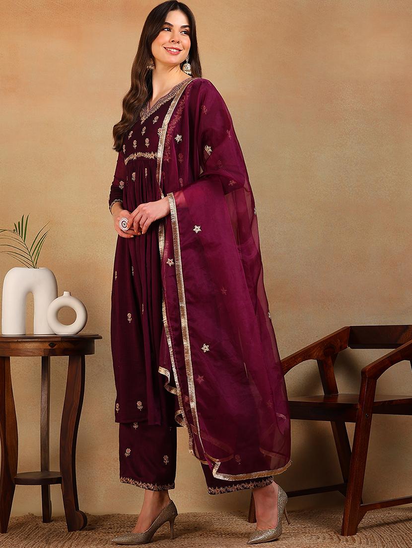 women magenta kurta pant set with dupatta - 21024525 -  Standard Image - 1