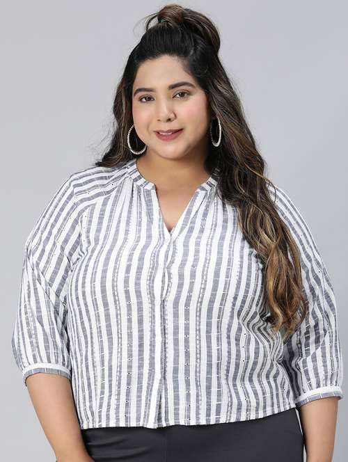 blue & white striped printed plus size top - 21024614 - Standard Image - 0