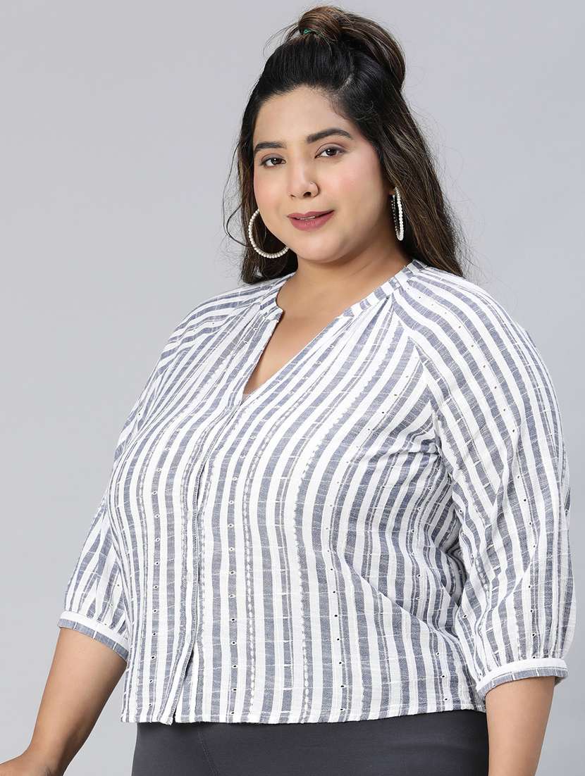blue & white striped printed plus size top - 21024614 -  Standard Image - 1