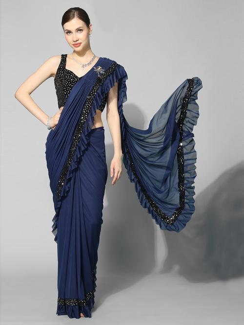 women blue solid lace work saree with blouse - 21024634 - Standard Image - 0