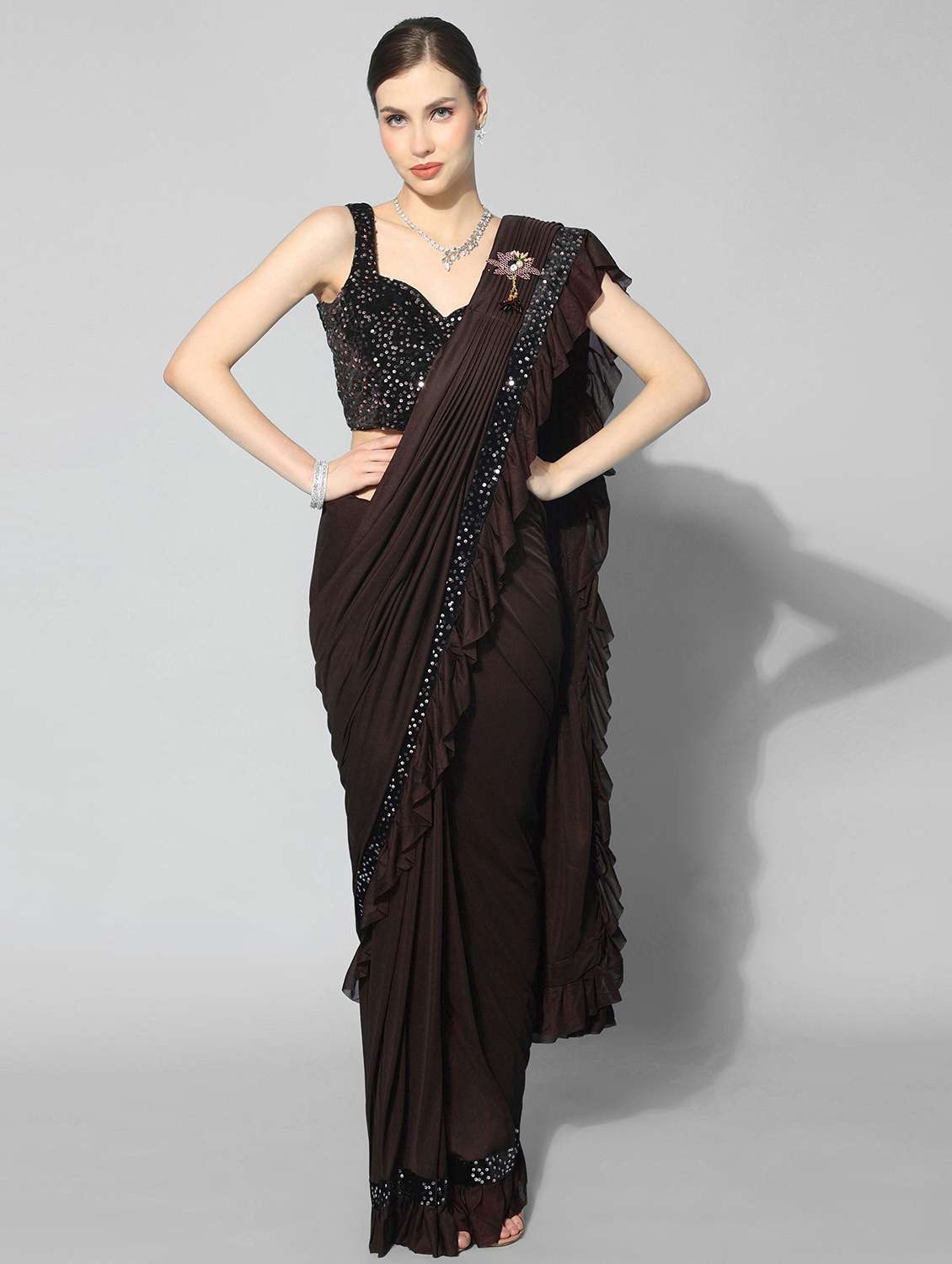 women coffee brown solid lace work  saree with blouse