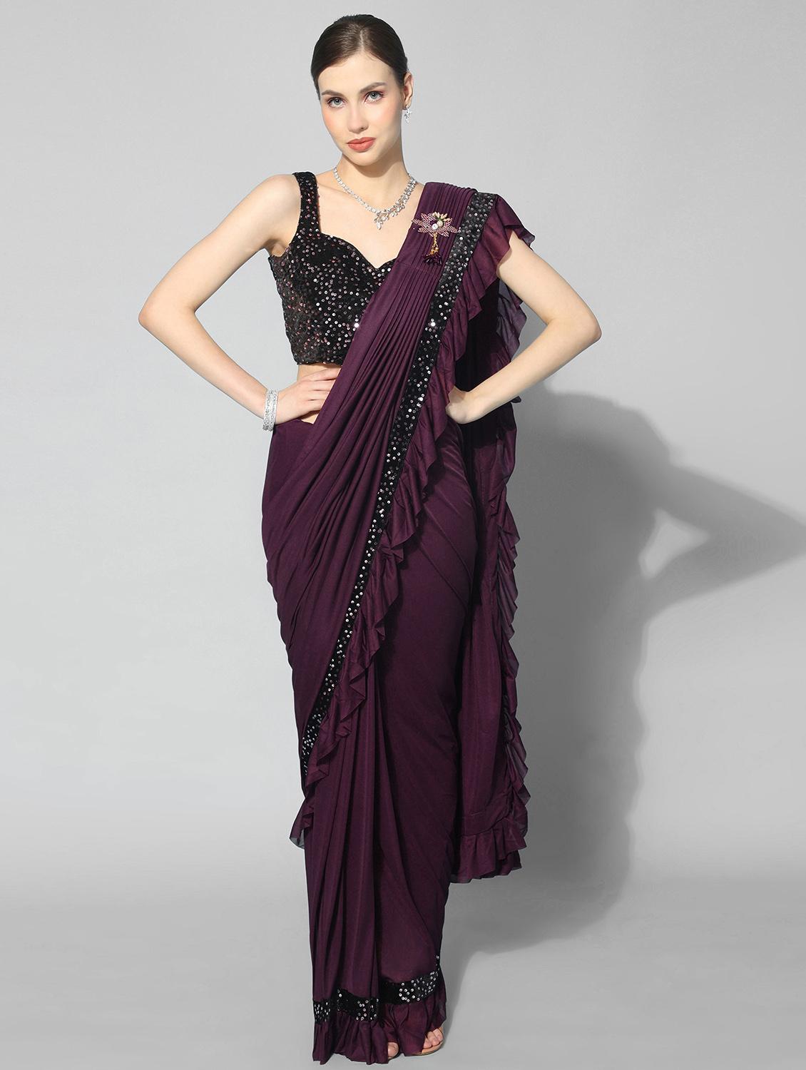women purple solid lace work saree with blouse