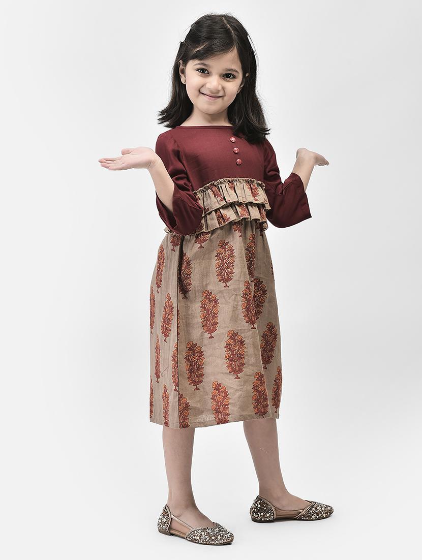 girls maroon prined boat neck frock - 21024672 - Standard Image - 1