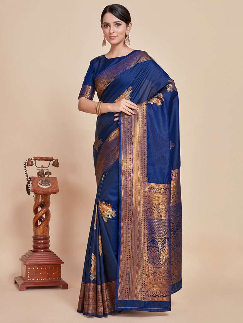 women blue self design kanjivaram saree with blouse