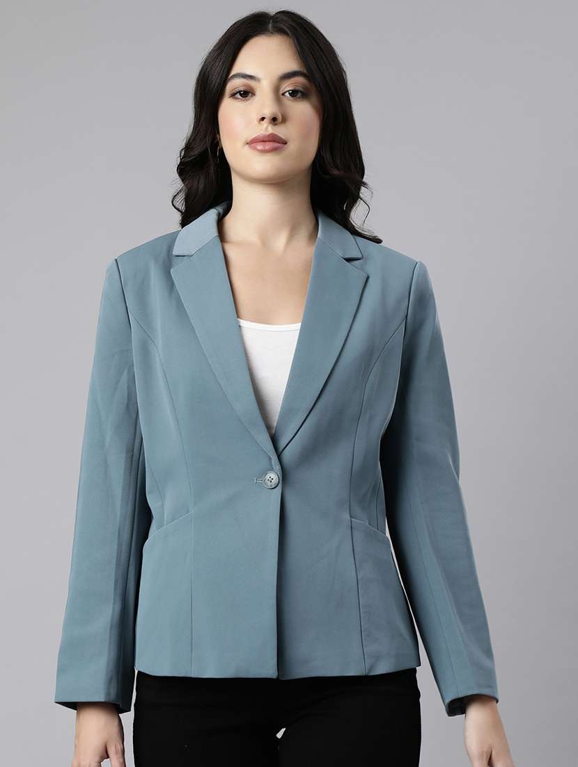 teal cotton blend single breasted blazer