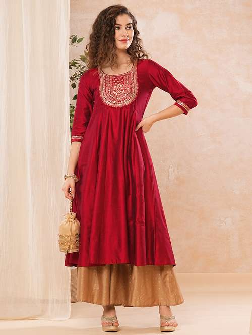 globus women red embroidered & sequinned yoke panelled anarkali kurta - 21025269 - Standard Image - 0