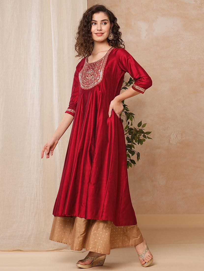 globus women red embroidered & sequinned yoke panelled anarkali kurta - 21025269 -  Standard Image - 1