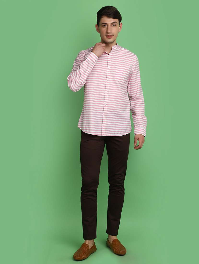 men pink regular fit striped mandarin neck casual shirt - 21025418 -  Standard Image - 4