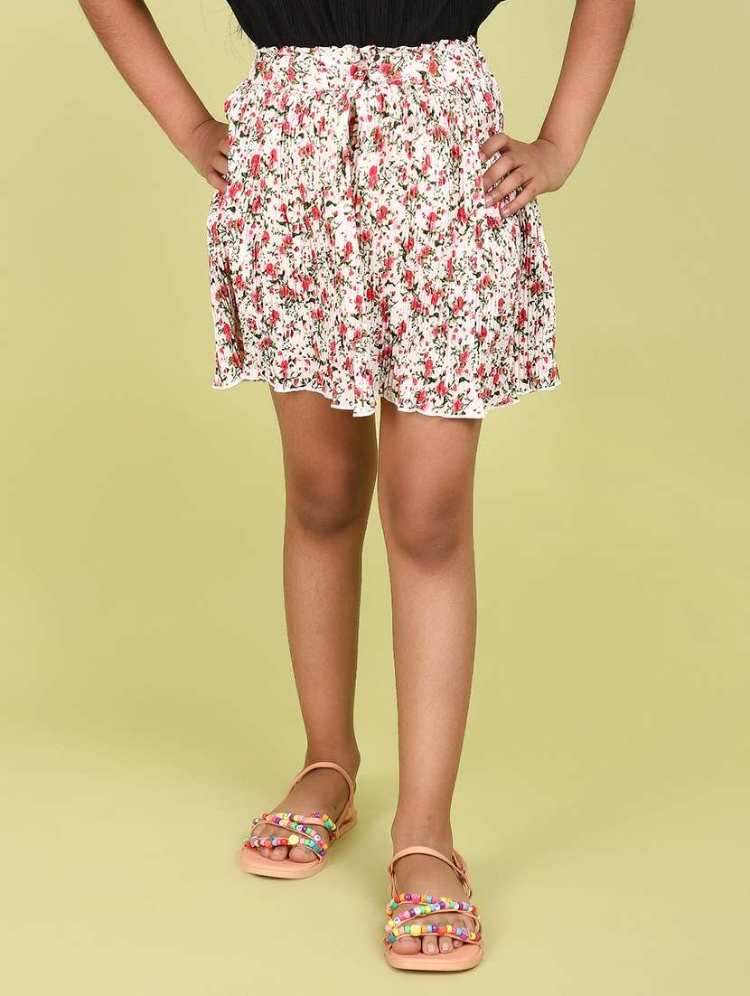 girls white floral printed flared skirt