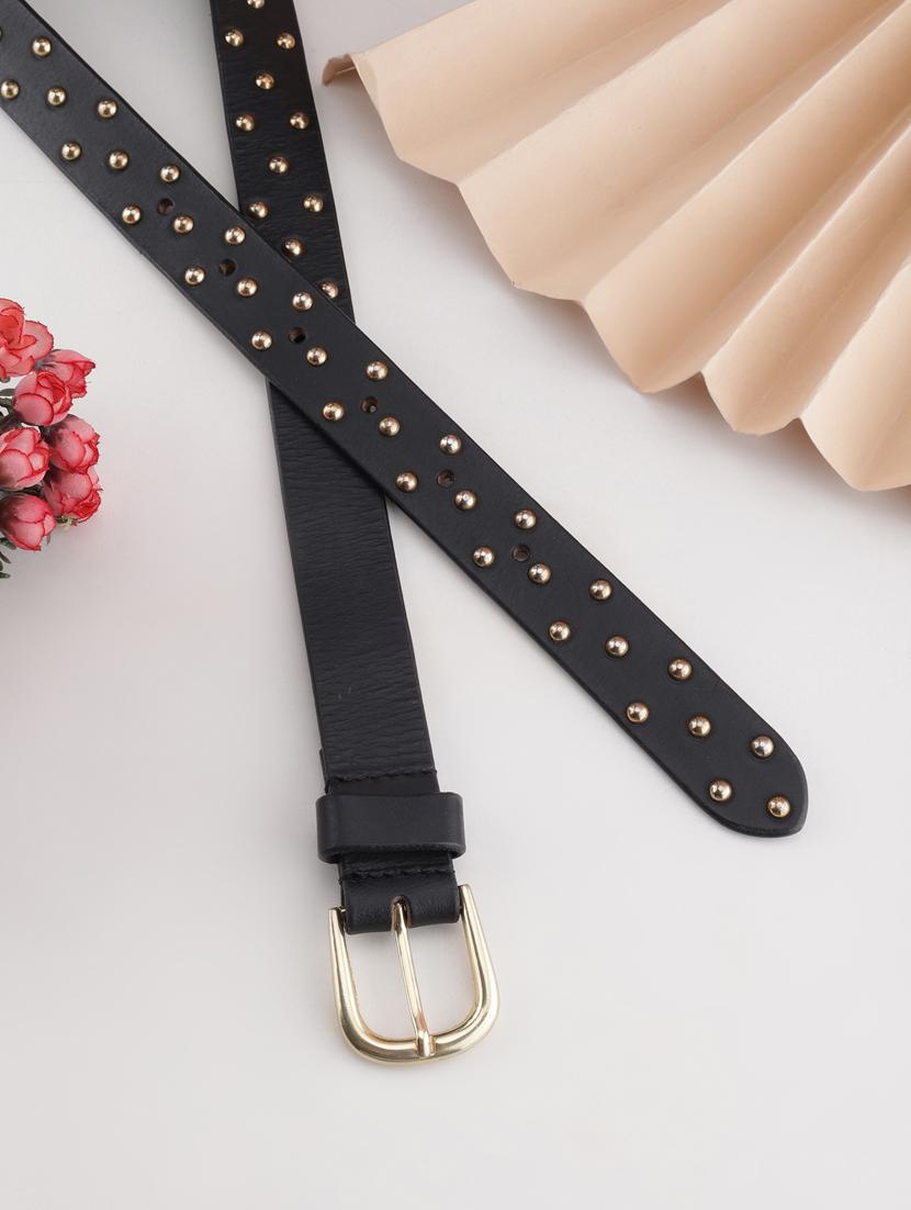 leather golden studded belt for women - 21027036 - Standard Image - 4