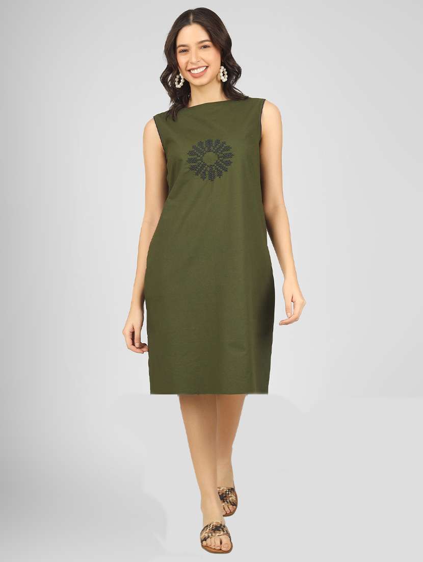 women olive boat neck straight dress