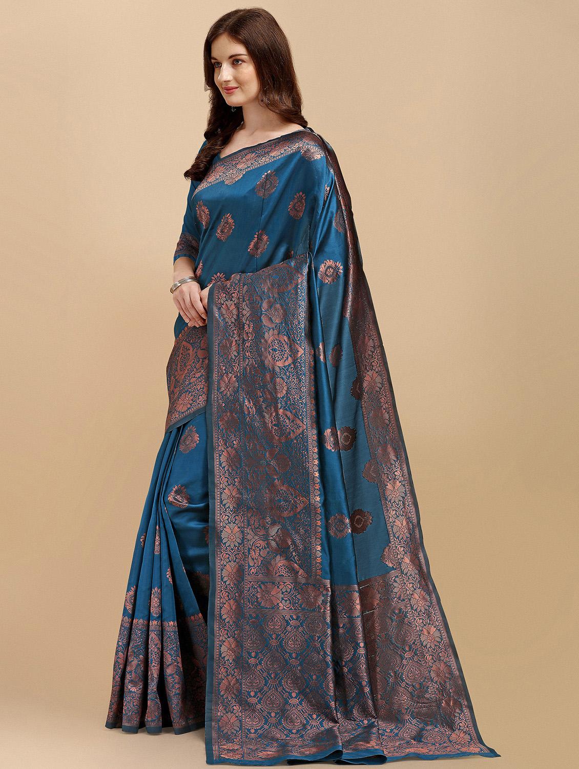 women teal self design banarasi saree with blouse - 21028719 - Standard Image - 1