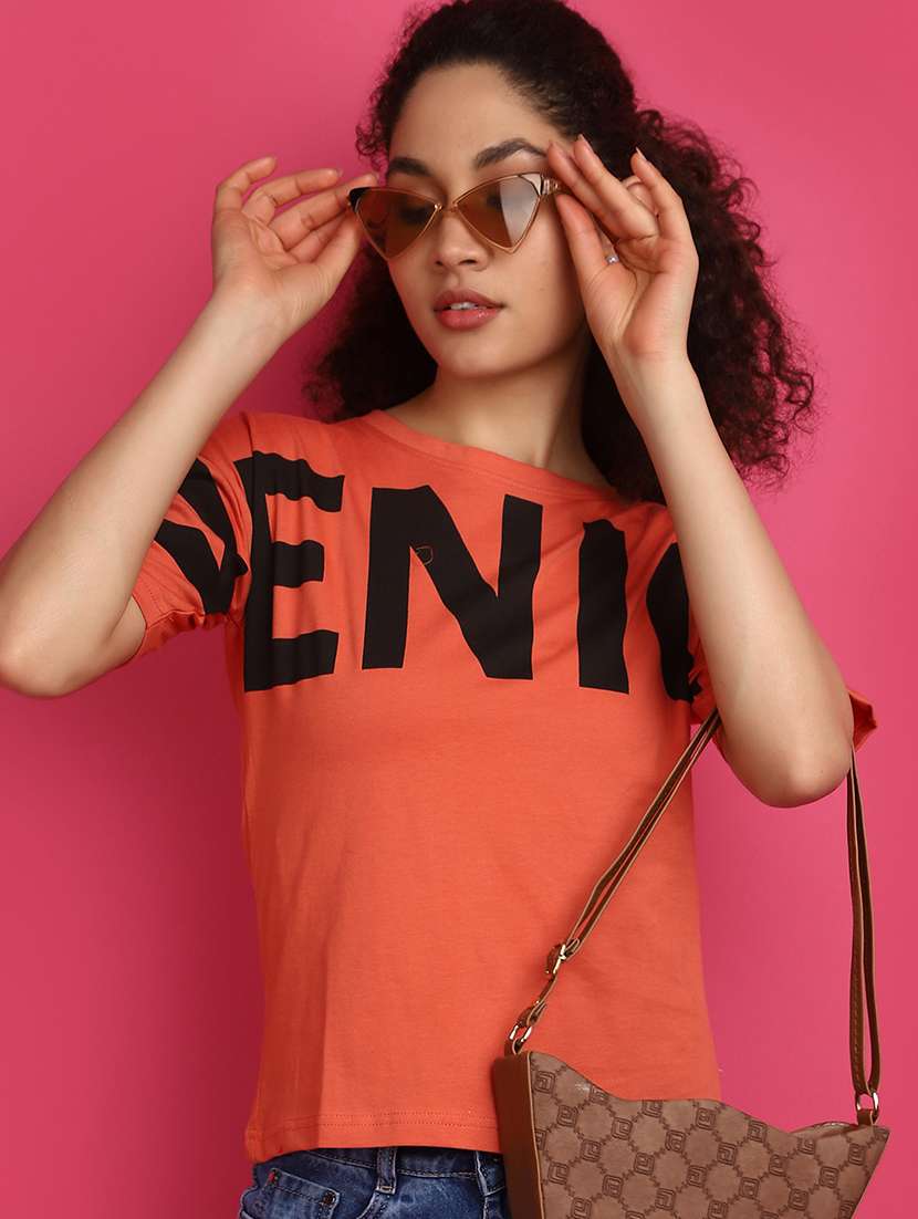 women orange typographic printed regular t-shirt - 21028898 -  Standard Image - 4