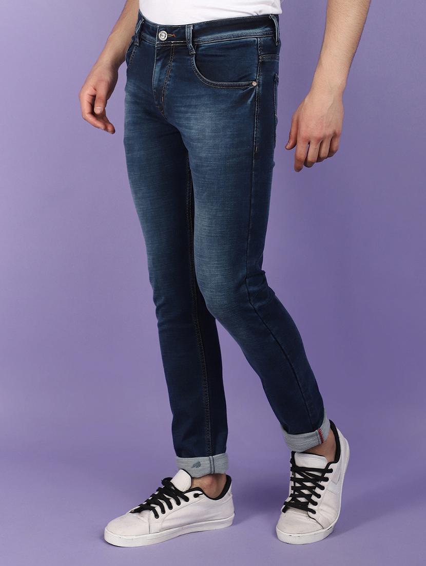 men solid blue washed detailed denim jeans - 21029008 - Standard Image - 1