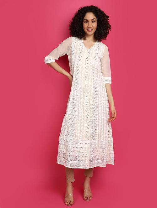 off white three quarter sleeve flared kurta - 21029011 -  Standard Image - 0
