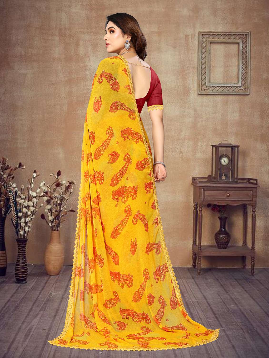 gold georgette bordered saree with blouse - 21029154 -  Standard Image - 1