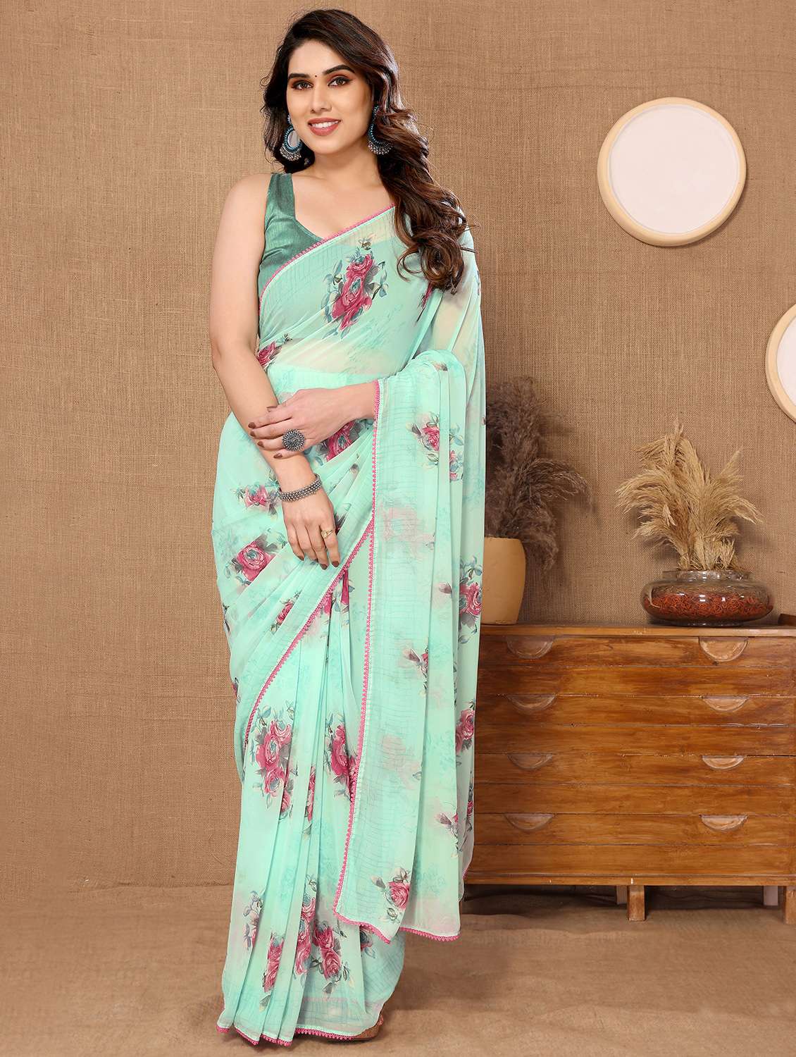 bottle green georgette ready to wear saree with blouse