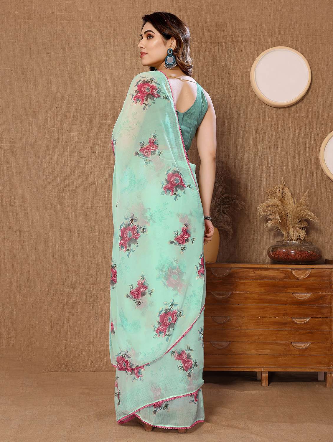 bottle green georgette ready to wear saree with blouse - 21029155 -  Standard Image - 1
