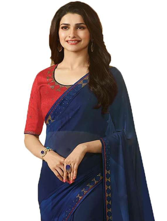 navy blue printed saree with blouse - 21029180 -  Standard Image - 1