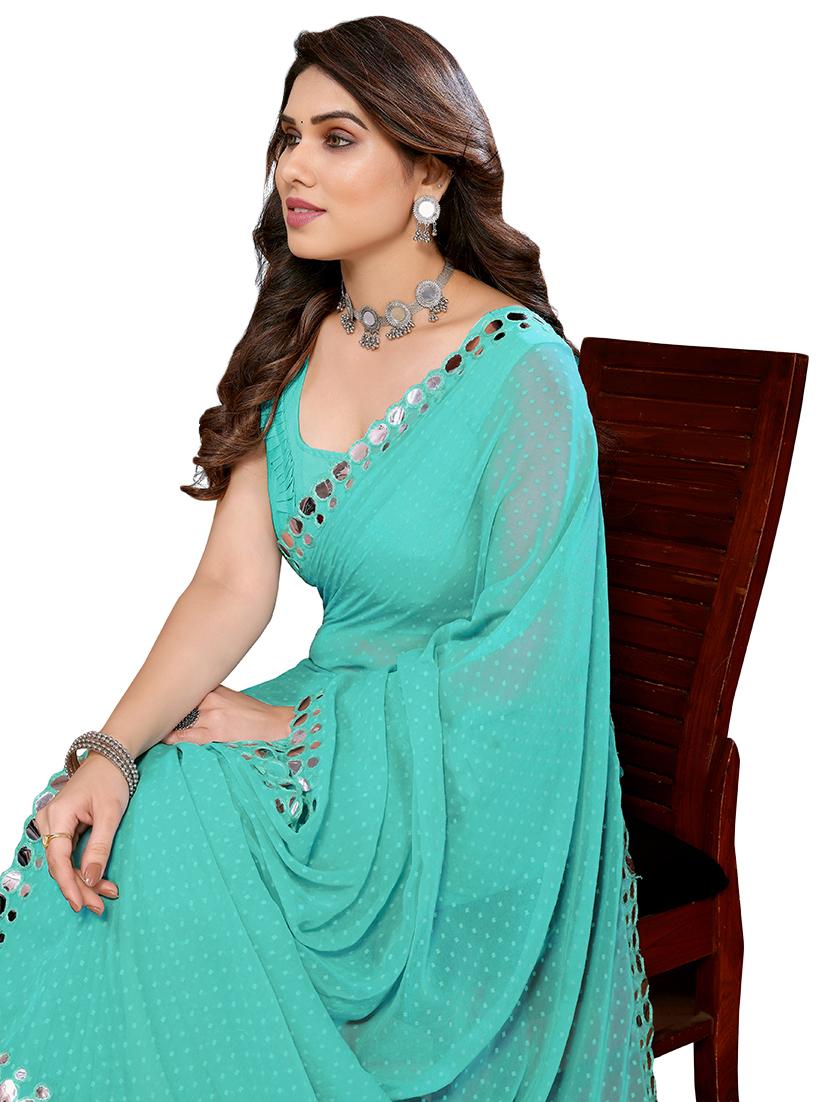 turquoise self design saree with blouse - 21029186 - Standard Image - 1