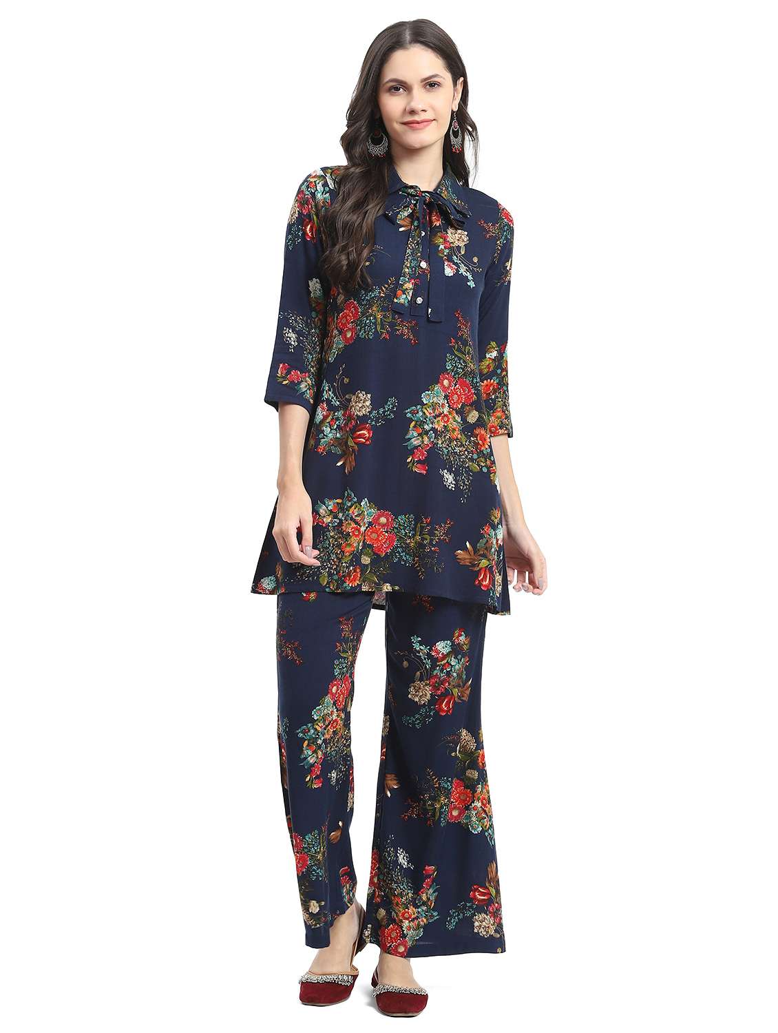 navy blue floral printed tunic and trouser co-ord set
