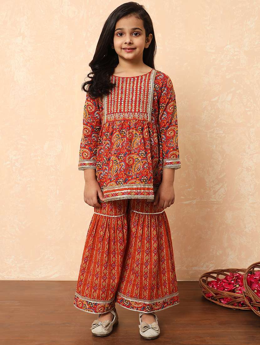 red printed cotton kurta sharara set