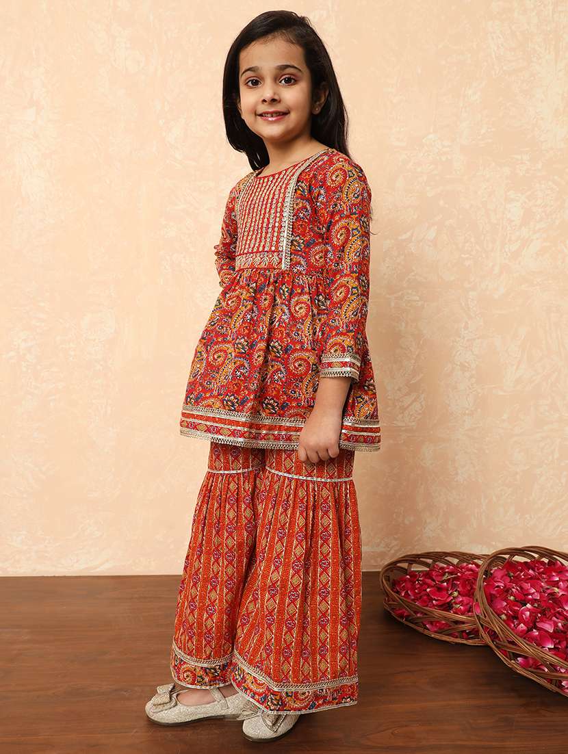 red printed cotton kurta sharara set - 21029828 -  Standard Image - 1
