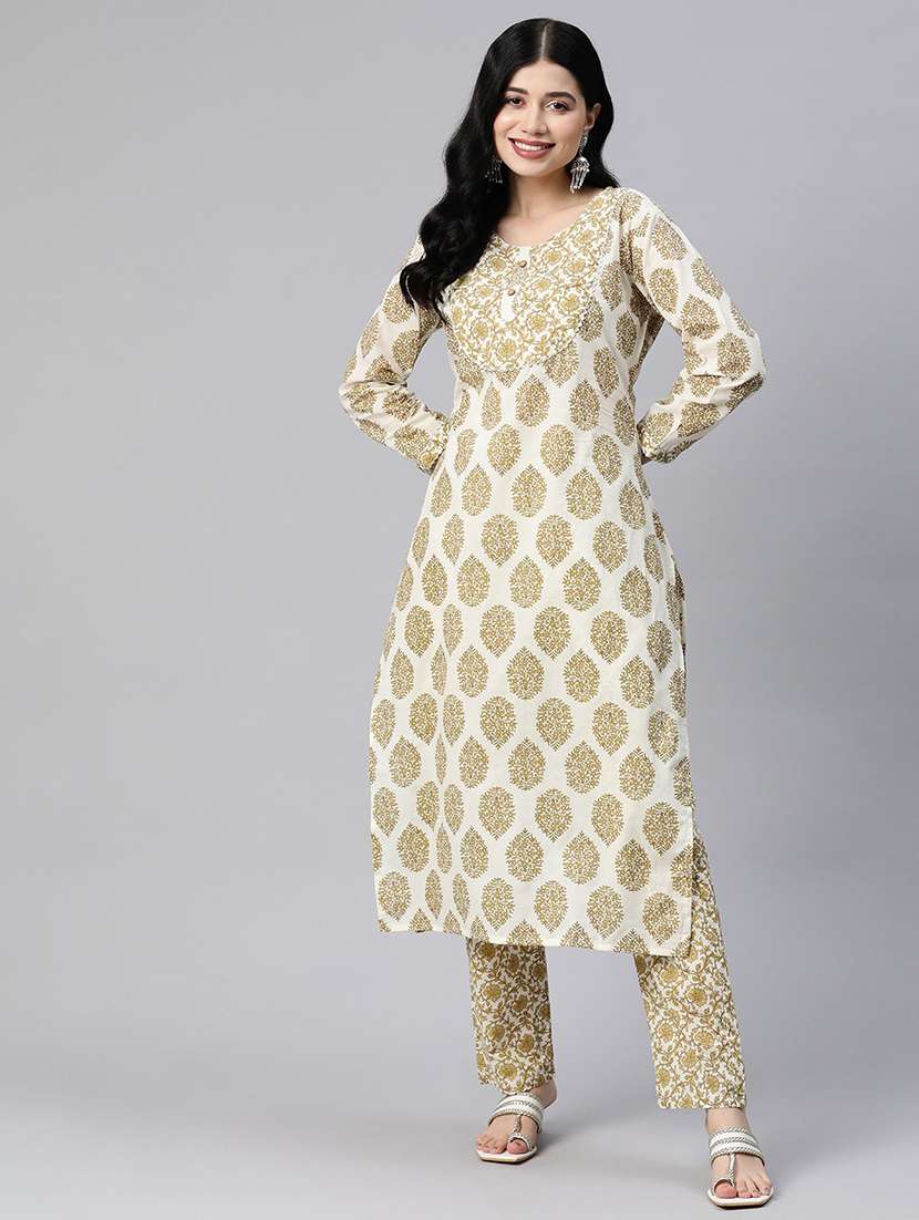 cream floral printed kurta pant set - 21031193 -  Standard Image - 1