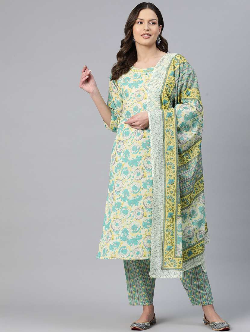 women three quarter sleeve kurta pant with dupatta set