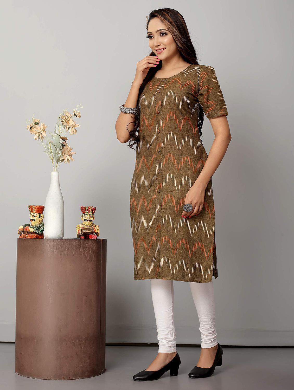 women brown round neck straight kurta - 21031754 - Standard Image - 1