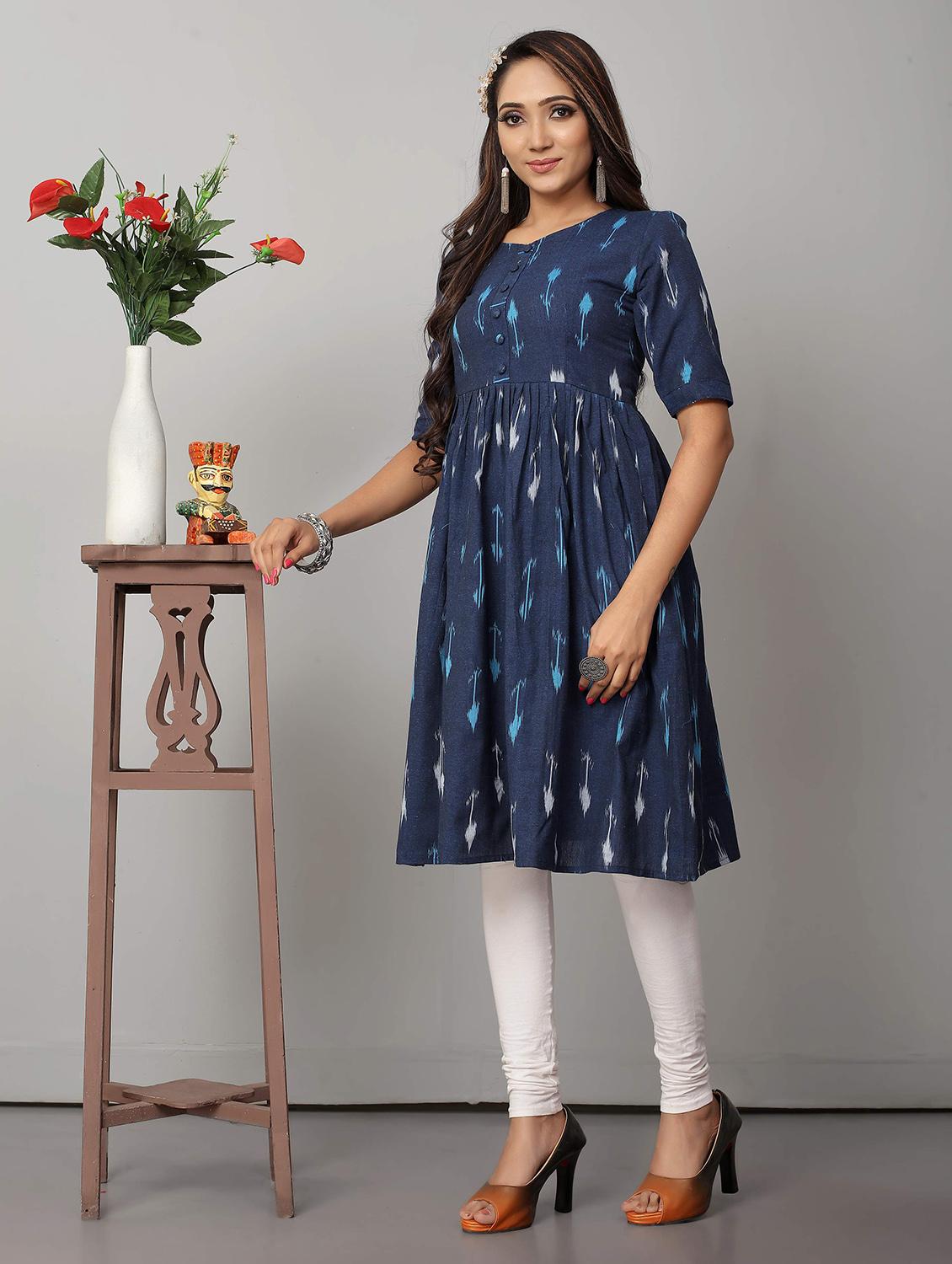 navy blue short sleeve flared kurta - 21031757 - Standard Image - 1