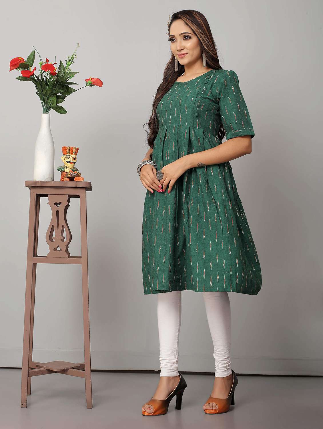 green short sleeve flared kurta - 21031759 -  Standard Image - 1