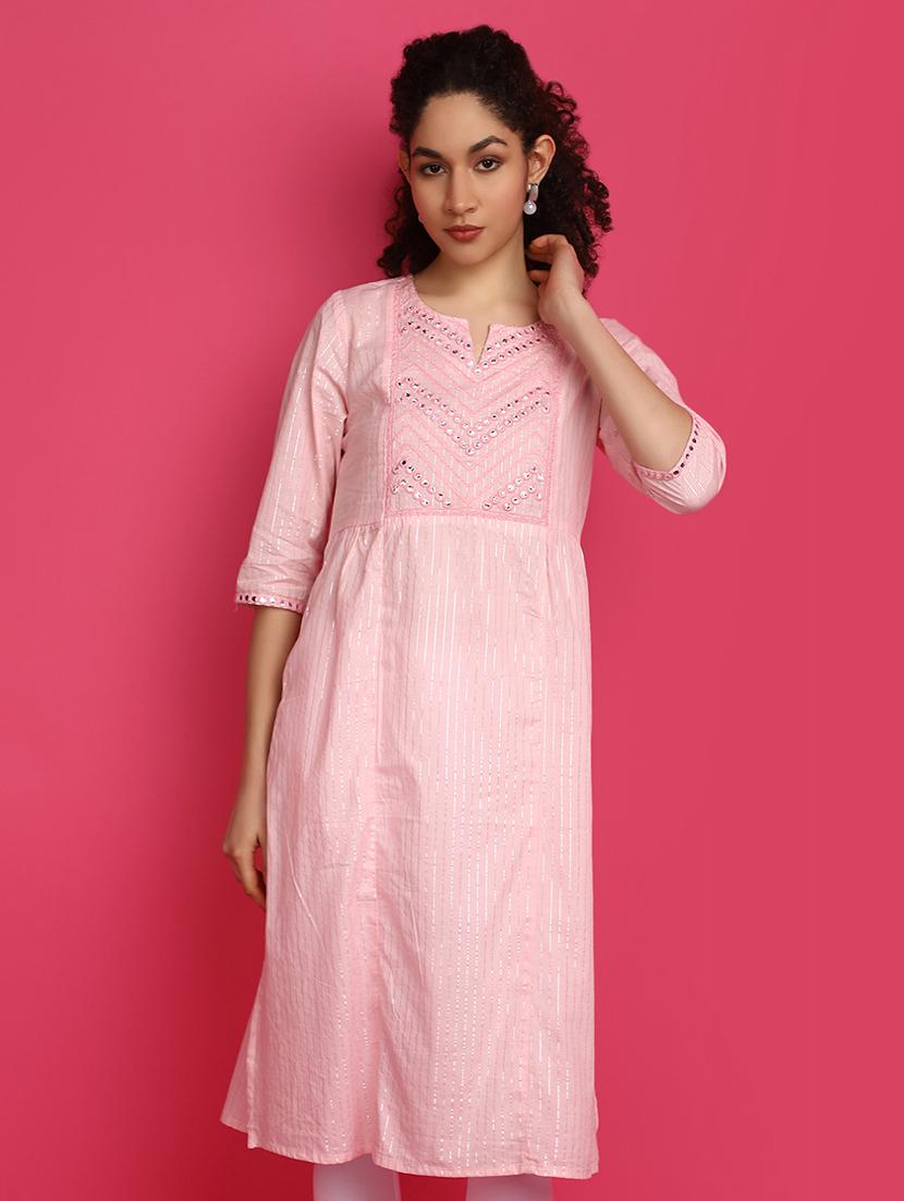 pink mirror work cotton kurta - 21031849 - Standard Image - 1