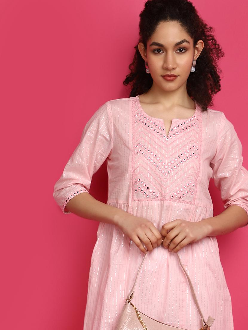 pink mirror work cotton kurta - 21031849 - Standard Image - 4
