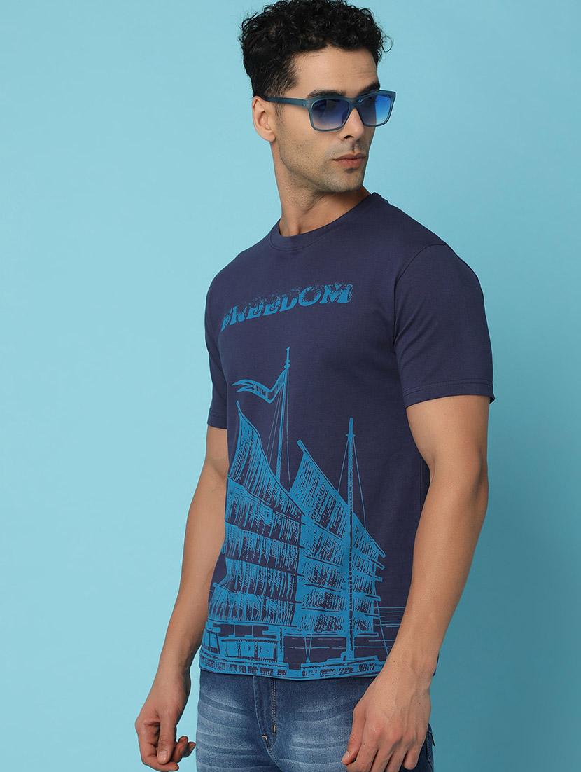 navy blue cotton front print tshirt - 21031879 - Standard Image - 1