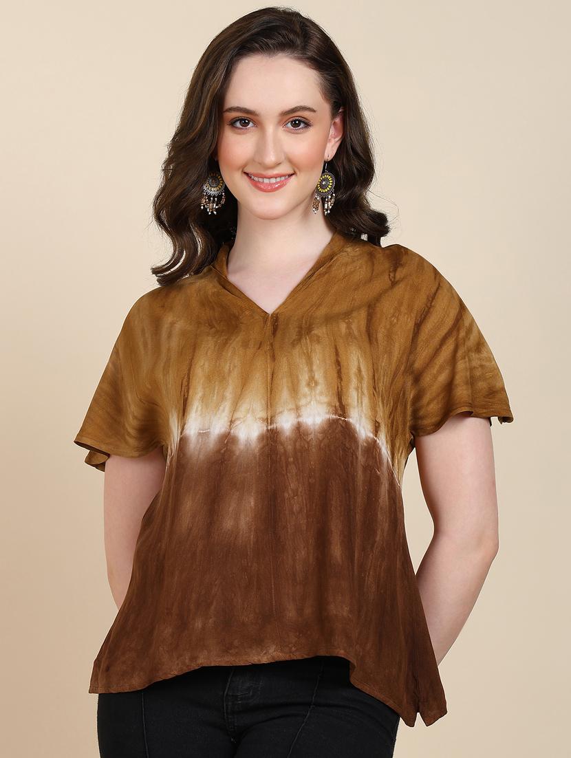 brown tie & dye rayon v-neck top - 21032106 - Zoom Image - 0