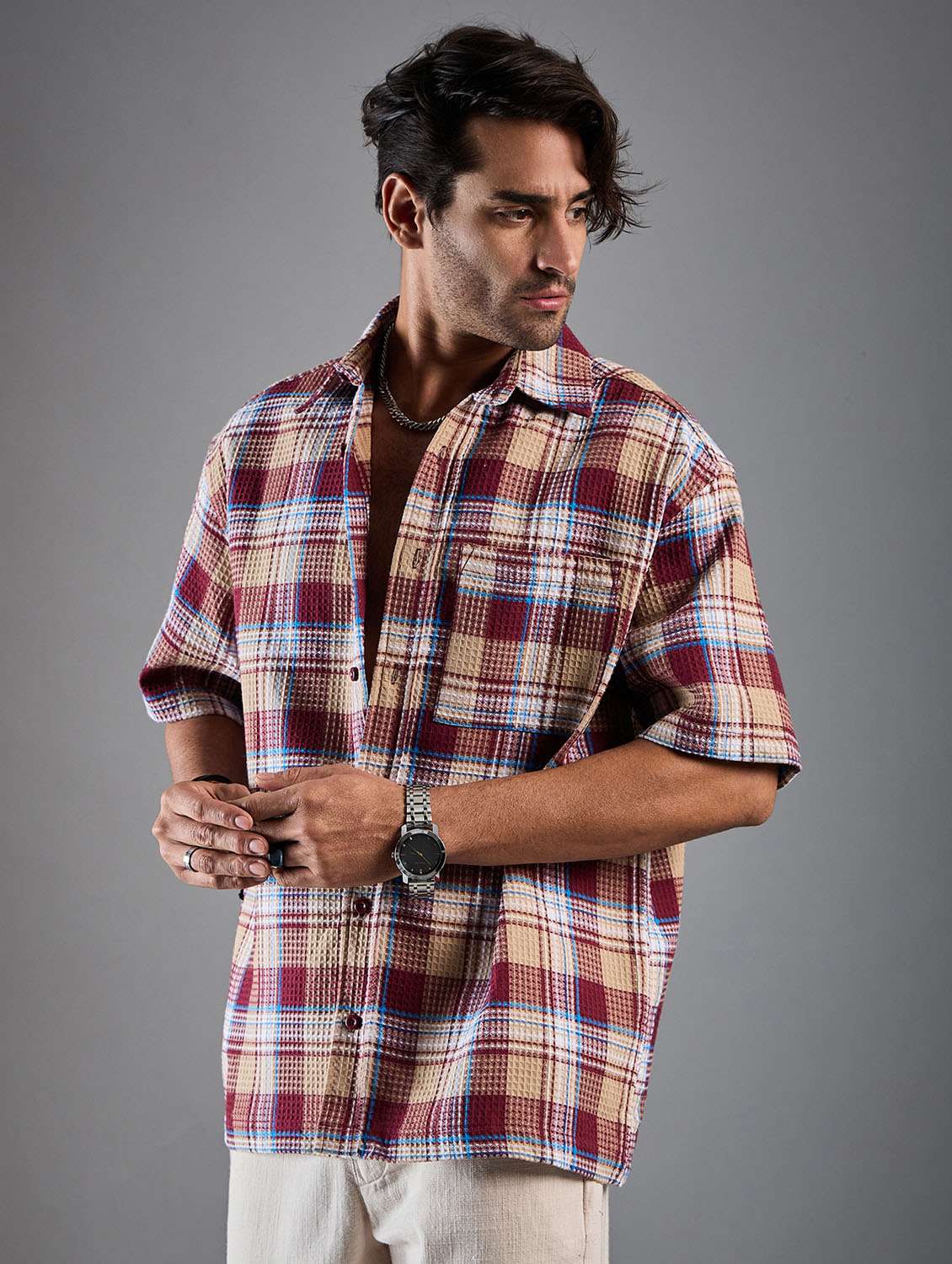 men checkered oversized casual shirt