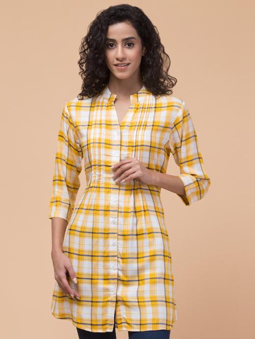 women mandarin neck checks regular tunic - 21032349 - Standard Image - 0
