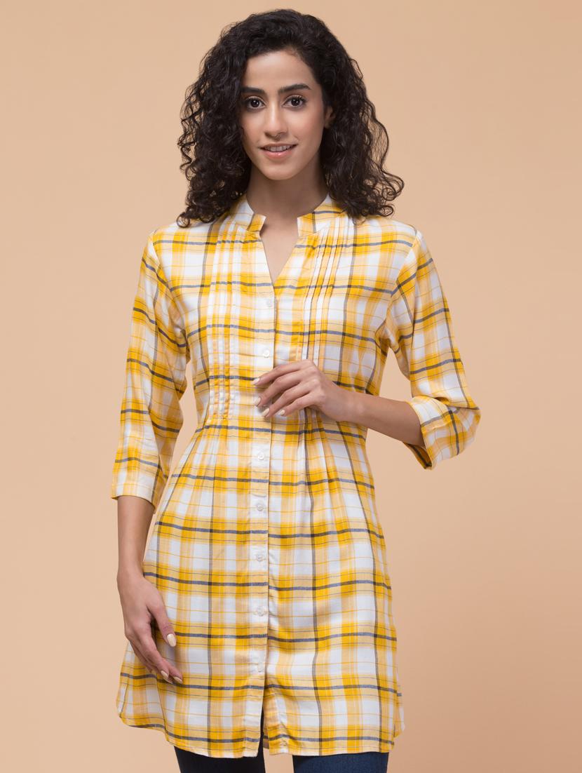 women mandarin neck checks regular tunic - 21032349 - Zoom Image - 0