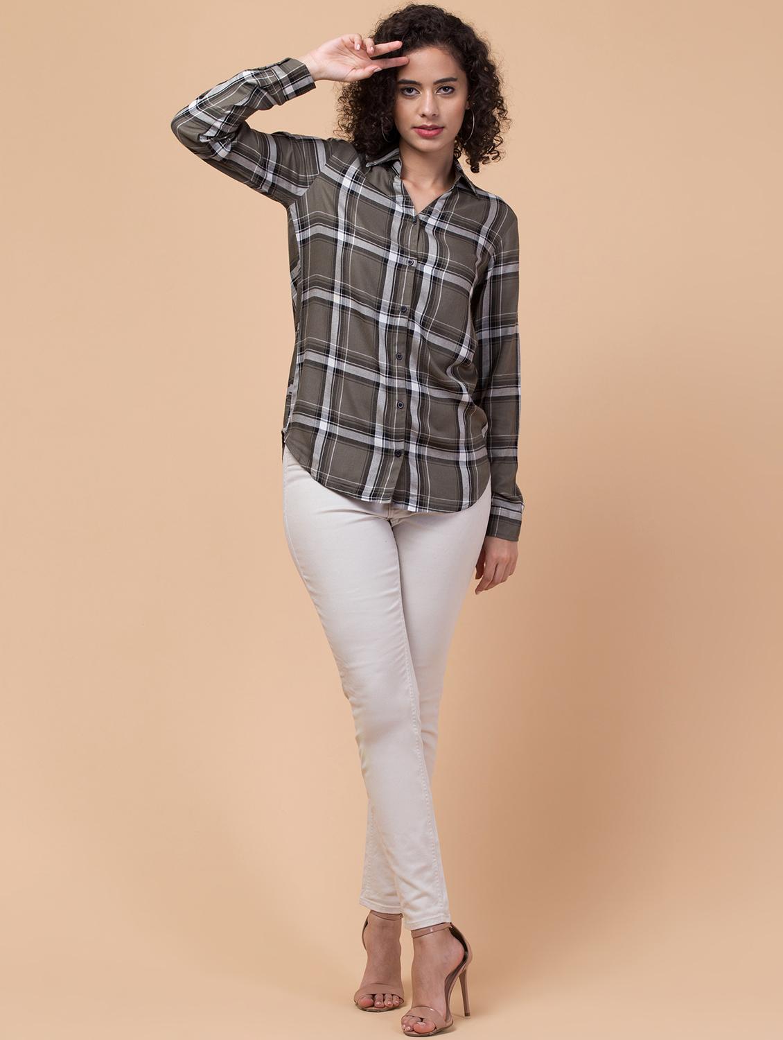 women shirt collar plaid regular shirt - 21032354 - Standard Image - 4