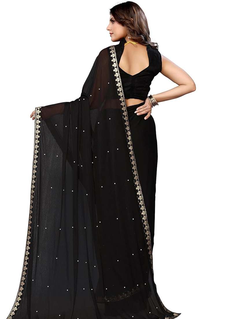women black embellished lace work saree with blouse - 21033180 -  Standard Image - 1