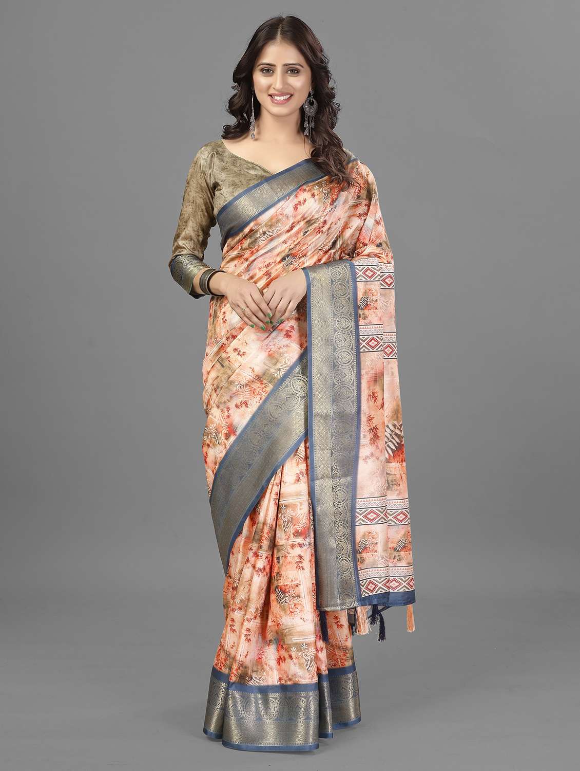 women peach printed zari bordered saree with blouse