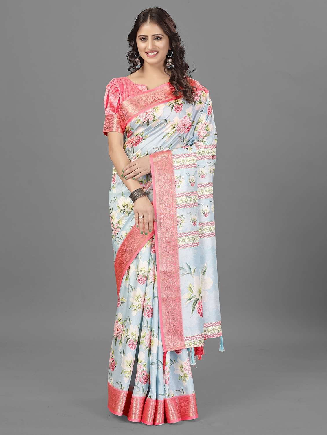 women light blue floral printed zari bordered saree with blouse